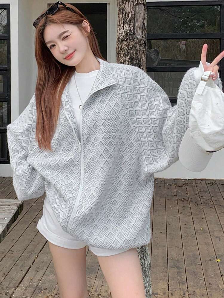 Women's Geometric Print Zip Front Long Sleeve Casual Sweatshirt, Autumn/Winter,Fall Women Clothes Jacket Hoodies