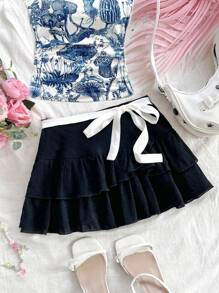 Soleia Saia casual feminina estilo resort texturizada com babados duplos e decoração de gravata borboleta branca, adequada para formatura, casamento, festival de música, volta às aulas, almoço fofo, início do outono - Preto - Ver 1