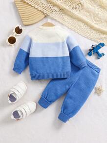 2pcs Baby Boy Autumn Winter Sweater Knitted Set With Pants Blue Design Cute Childlike Style Gentlemanly Charm Matching Family Gender Neutral Modest - Multicolor - View 2