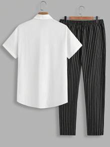 Manfinity VCAY 2pcs Men's Fitted Casual Striped Color Block Short Sleeve Shirt Set, Summer - White - View 2