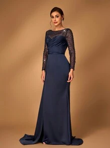 Serin Elegante vestido longo de noiva ou mãe da noiva com manga longa ilusão, azul marinho luxuoso, com aplicação de miçangas e lantejoulas, recortes em cetim e drapeado lateral - Azul Marinho - Visão 4