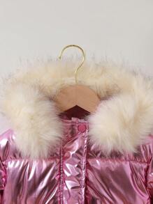 SHEIN Young Girls' Winter Fashionable Hooded Padded Coat With Laser Reflective Collar - Hot Pink - View 6