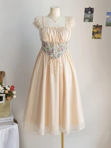 Soleia Vestido corto de talla grande para mujer con cintura ajustada, mangas abullonadas con correa trasera, cuello cuadrado y estampado floral pequeño en negro, estilo de vacaciones campestre