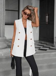 SHEIN Privé Áo vest không tay có hàng khuy màu trơn kiểu thành phố thời trang - trắng - Xem 5