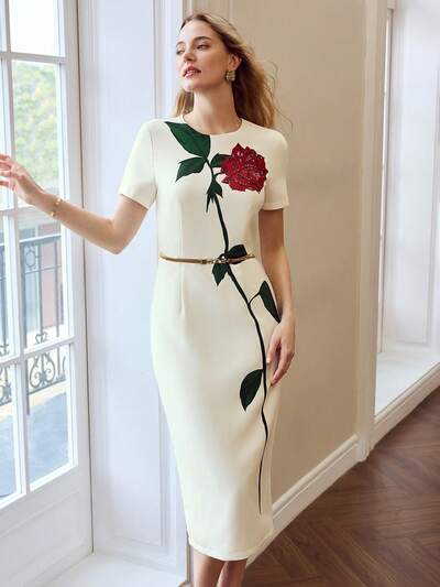 FLORAL PRINT CONTRAST SEQUIN SLIM FIT DRESS