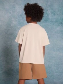SHEIN Tween Boy Knitted Letter Printed Drop Shoulder Short Sleeve T-Shirt With Slanted Pockets And Drawstring Shorts Set - Camel - View 7