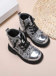 Glitter Children Boots Mid/Kids Winter Shoes British Style Girls High-Top Ankle Boots Fashion Motorcycle Boots - Silver - View 4