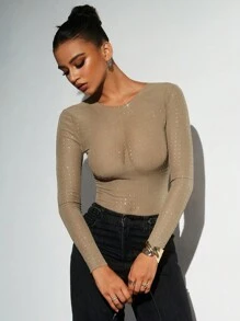 Aloruh Camiseta de mujer de cuello redondo, de manga larga, ajustada y sexy con malla de strass, camiseta ajustada