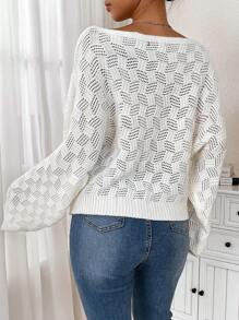 SHEIN LUNE Women's Solid Color Round Neck Batwing Sleeve Hollow Out Loose Casual Sweater For Autumn Winter, Knit Pullover Fall - White - View 2