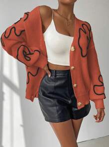 Chiquease Cardigan Kasual Wanita Motif Bunga, Lengan Panjang, Model Bahu Longgar, Kancing Tunggal, Pakaian Musim Gugur & Musim Dingin untuk Wanita - Jeruk - View 4