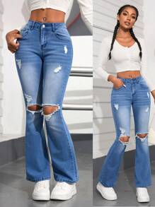 SHEIN PETITE Women Ripped Fashionable Denim Jeans