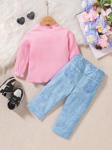 2 件套女婴高领长袖上衣和裤子套装，2024 年新款秋季舒适时尚可爱街头服饰 - 粉色 - 查看 2