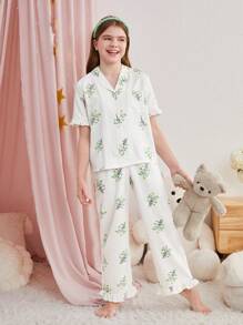 SHEIN Tween Girl 荷叶边 V 领口袋短袖上衣和裤子休闲家居服套装 - 薄荷綠 - 查看 2