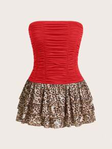 SHEIN ICON Fitted Leopard Print Pleated Layered Hem Bandeau Women Dress