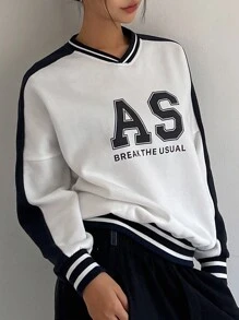 DAZY 女式休闲字母印花拼色套头衫，秋季女装 - 白色 - 查看 7