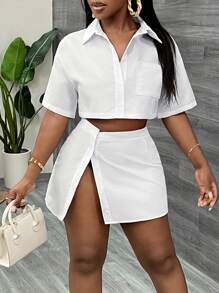 Slaydiva Casual Beach/Boho/Boho Women's Clothing/Festival Outfits For Women/Rave/Easter Outfit Women/Old Money Style Women/Country Concert Outfit/Going Out Outfits/Fairycore/Festival Outfits/Airport Outfit For Women/Western Outfits For Women/Tropical Vacation Women Clothes Shirt Collar Short Sleeve Cropped Top And Split Mini Skirt Two Pieces Set - F - White - View 7
