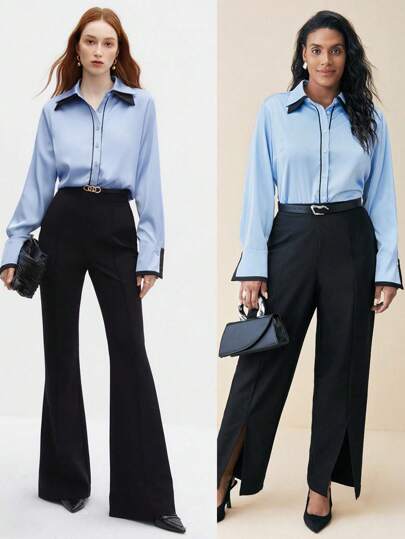 BizChic Plus Size Colorblock Trim Front Long Sleeve Casual Shirt