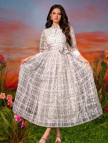 Váy tay bồng hoa nhỏ nhắn có dây buộc eo, váy cocktail thanh lịch dài tay dự tiệc bán trang trọng cho tiệc cưới, sinh nhật, tốt nghiệp, tiệc về quê - Màu tím hoa cà - Xem 5