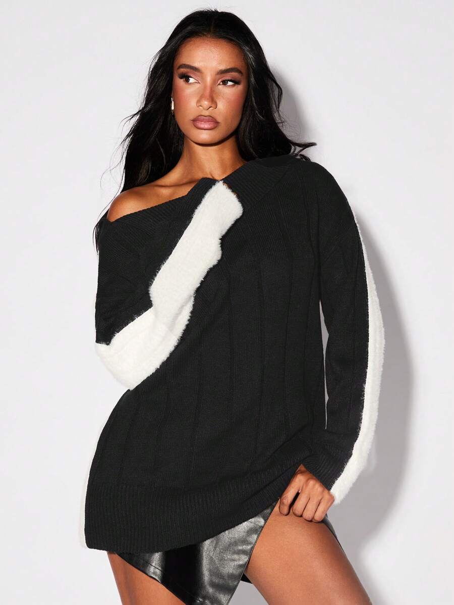 Glamine 女士撞色不对称肩部长袖毛衣，针织套头衫，秋冬款 - 黑與白 - 查看 1