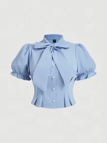 SHEIN MOD Áo cánh tay bồng xếp ly cổ nơ ngọc trai giả cỡ lớn cho nữ - Màu xanh lam - Xem 1