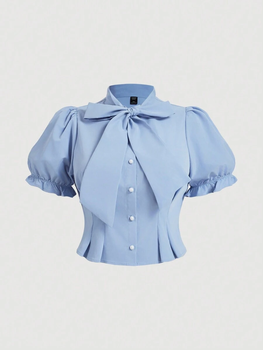 SHEIN MOD Áo cánh tay bồng xếp ly cổ nơ ngọc trai giả cỡ lớn cho nữ - Màu xanh lam - Xem 1