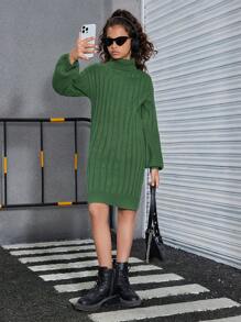 SHEIN Girls' Turtleneck Knit Midi Dress, Oversized And Relaxed Fit - Army Green - View 5