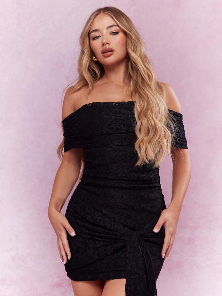 missguided knot detail waist jersey bardot bodycon mini dress MISSGUIDED Knot Detail Waist Jersey Bardot Bodycon Mini Dress