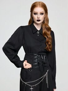 ROMWE Goth Áo kiểu trang trí mặt dây chuyền theo phong cách cung điện Baroque cho nữ Áo kiểu tay đèn lồng màu trơn - màu đen - Xem 5