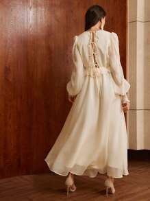 Anewsta Vestido Longo Sólido com Manga Longa e Aplicação Floral em Decote em V, Conjunto Mulheres - Damasco - Visão 2