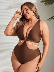 Swim Lushoire Plus Size Solid Color Cut Out Waist One-Piece Swimsuit With Ring Shell Decor, Summer Beach Bathing Suit - Brown - View 4