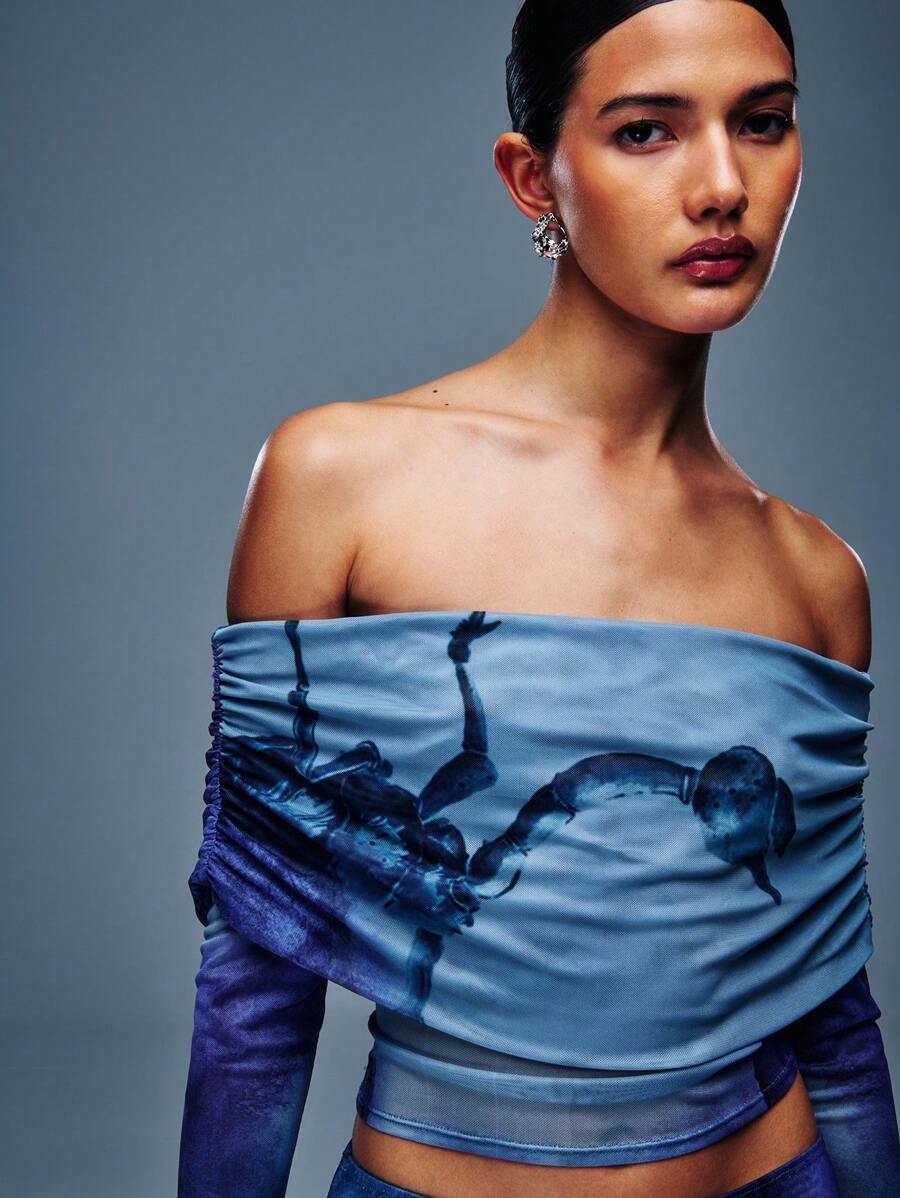 SHEIN Unity Animal Tie Dye Mesh Knitted Off Shoulder Long Sleeve Top