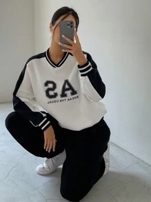 DAZY 女式休闲字母印花拼色套头衫，秋季女装 - 白色 - 查看 4