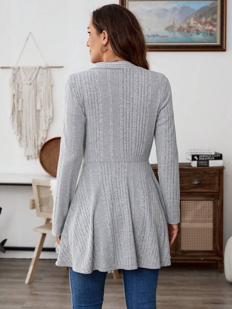 Women's Casual Solid Color Ribbed Knit Jacket, Spring & Autumn