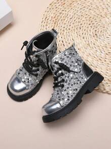 Glitter Children Boots Mid/Kids Winter Shoes British Style Girls High-Top Ankle Boots Fashion Motorcycle Boots - Silver - View 5