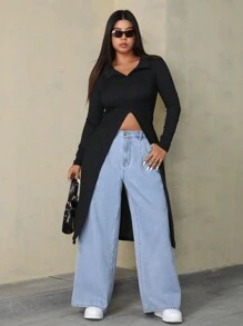 CovetEZ 大码女式口袋阔腿宽松休闲百搭牛仔裤 - 淺色水洗藍 - 查看 1