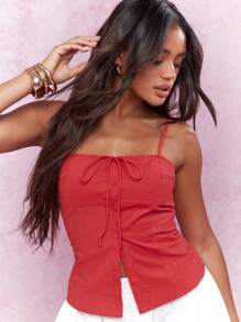 MISSGUIDED 蝴蝶结束胸衣细节细肩带前开襟上衣 - 紅色 - 查看 3