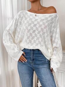 SHEIN LUNE Women's Solid Color Round Neck Batwing Sleeve Hollow Out Loose Casual Sweater For Autumn Winter, Knit Pullover Fall - White - View 6