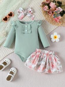 Conjunto de ropa para bebé niña recién nacida que incluye: body de manga larga con cuello redondo y decoración de volantes + vestido body con estampado floral y cintura elástica, con accesorio para el cabello - Multicolor - Ver 1