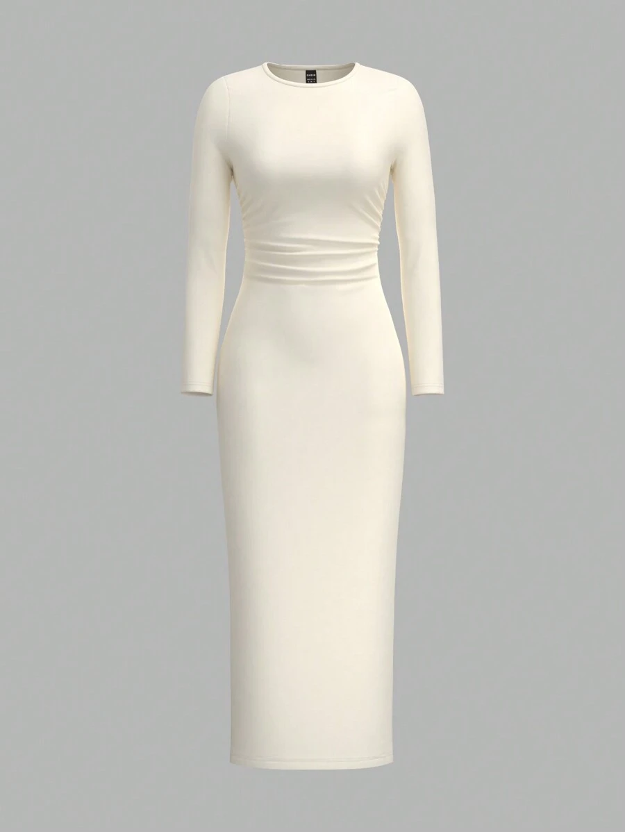SHEIN EZwear Damen Täglich Lässig Gestrickt Eng Plissee Langarm Langes Kleid, Einfarbig - Aprikosenfarben - Übersicht 1
