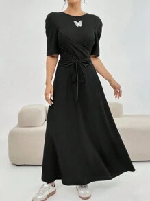 Seusyu Women's Butterfly Embroidery Black Dress - Black - View 3