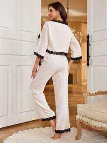 Women Lace Trim V-Neck Dolman Sleeve Top And Pants Pajama Set