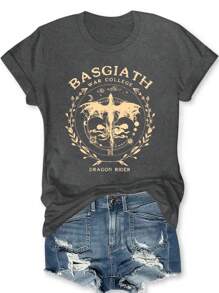 SHEIN LUNE Áo thun nữ cổ tròn tay ngắn mùa hè cỡ lớn in chữ BASGIATH WAR COLLEGE DRAGON RIDER Áo thun họa tiết dành cho nữ - Màu xám đen - Xem 1
