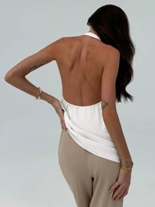 Aloruh Top sin mangas de cuello en pico minimalista ajustado al Body para mujer - Blanco - Ver 2