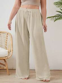 SHEIN Cottnline Plus Cottonline Knot Solid Color Casual Women's Pants - Beige - View 5