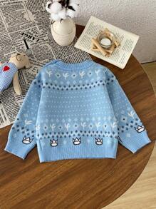 Adorables suéteres tejidos con estampado mantienen abrigados a bebés e infantes - Celeste - Ver 2