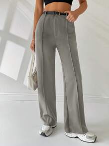 SHEIN EZwear Quần váy ống đứng thường ngày cho nữ có thắt lưng - Xám - Xem 4