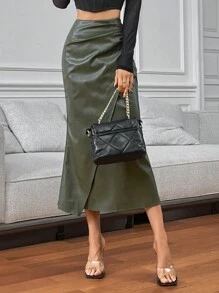 SHEIN Privé Women's Elegant Olive Green PU Fishtail Long Skirt,Autumn Pleated Tight Skirt For Office,Business Casual Fashion Commuting Versatile Fall Clothing - Green - View 5