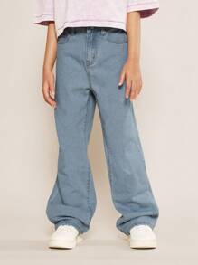 SUMWON Tween Girls Loose Fit Denim Jean With Raw Edge Applique Design