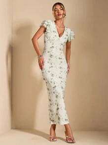 SHEIN BAE Women Ruffled Bodycon Dress With Floral Print And Spaghetti Strap Deep V-Neck Long Dress