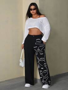 SHEIN EZwear Plus Size Women Abstract Face Print Wide Leg Loose Casual Boyfriend Jeans